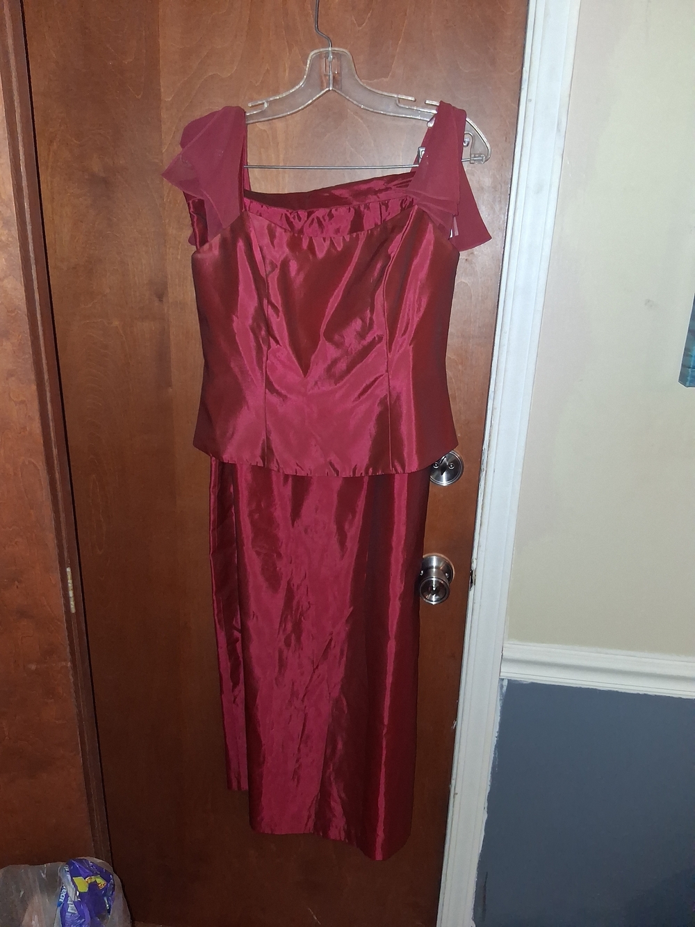 David's Bridal Burgundy Satin Two-Piece Prom Dress